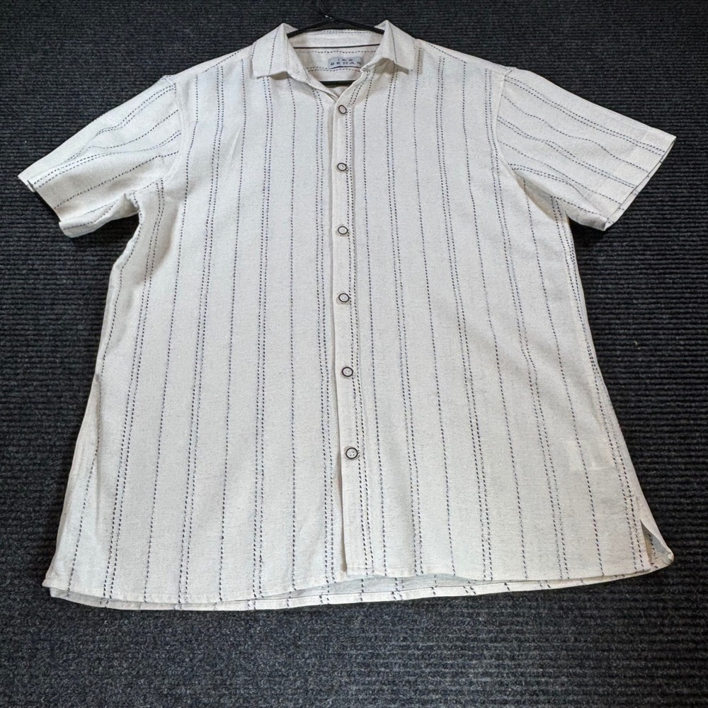 Ike Behar Mens Short Sleeve Linen Blend Striped Button Down Shirt Beige Medium